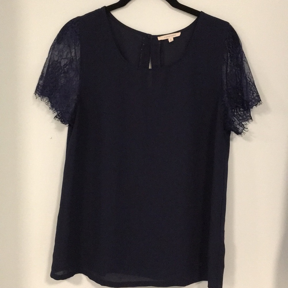 41 Hawthorn navy blue top with lace sleeves